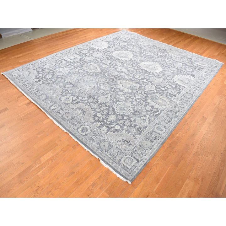 11'10" x 14'10" New Hand Knotted Grey Wool & Silk Rectangle Oriental Rug - MOA10287653