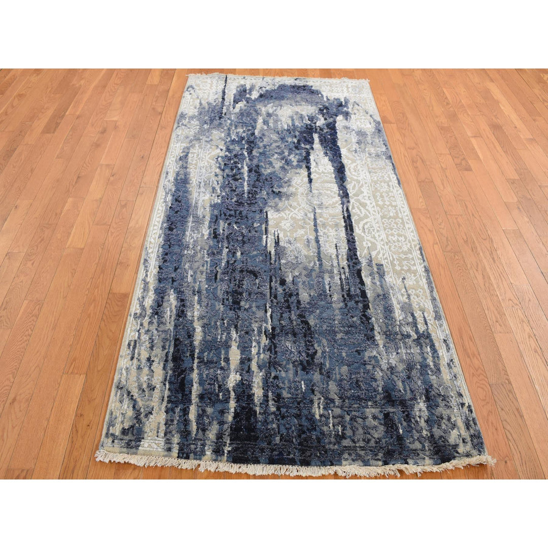 4'0" x 8'0" New Hand Knotted Blue Wool & Silk Runner Oriental Rug - MOA10287677