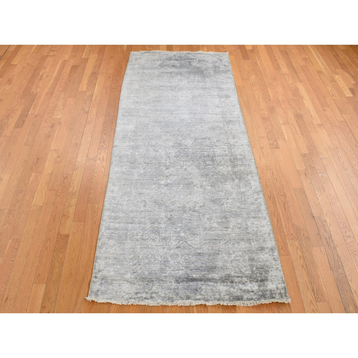 4'0" x 9'8" New Hand Knotted Grey Wool & Silk Runner Oriental Rug - MOA10287679