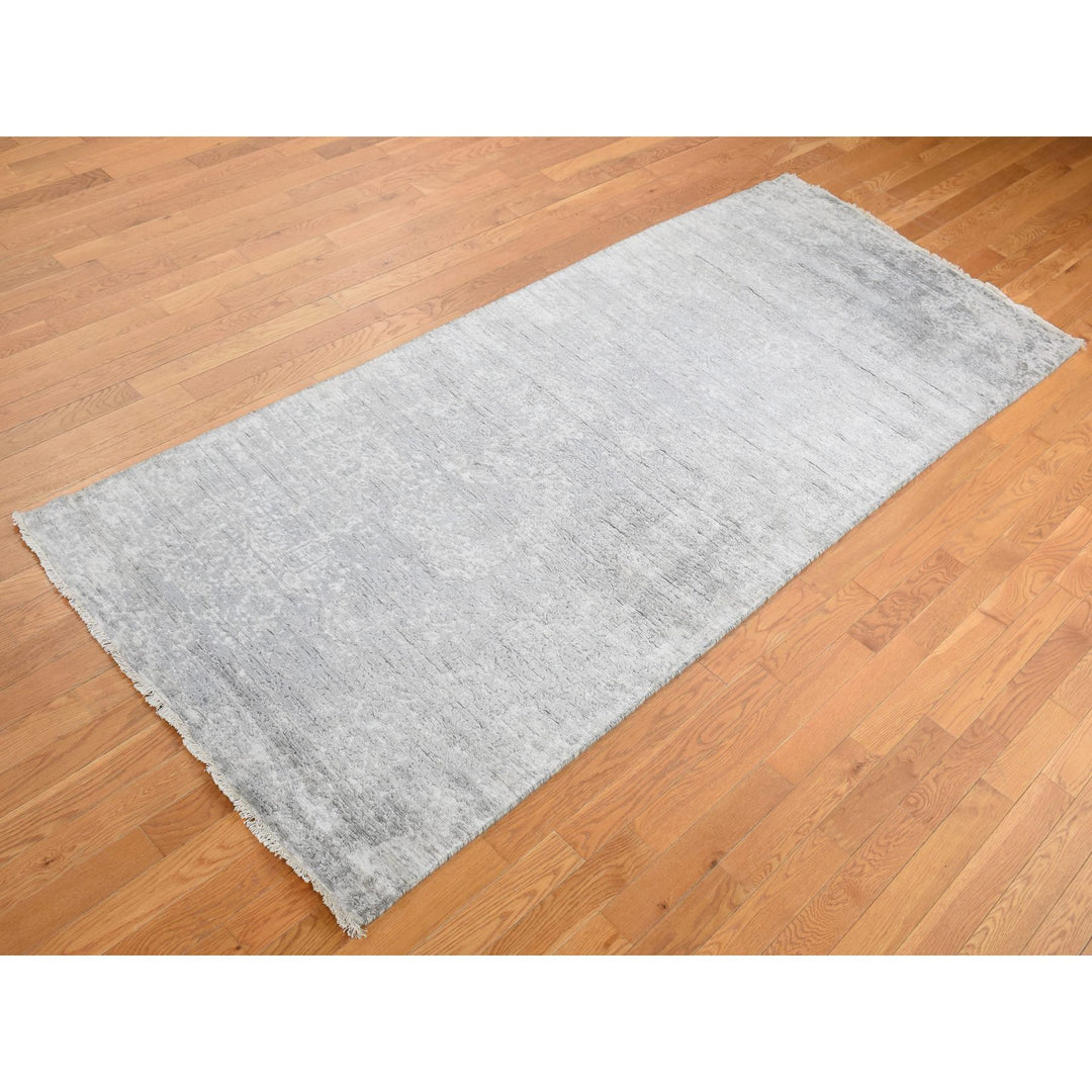 4'0" x 9'8" New Hand Knotted Grey Wool & Silk Runner Oriental Rug - MOA10287679