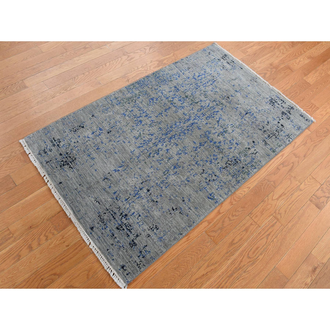 3'1" x 5'0" New Hand Knotted Grey Wool & Silk Rectangle Oriental Rug - MOA10287682