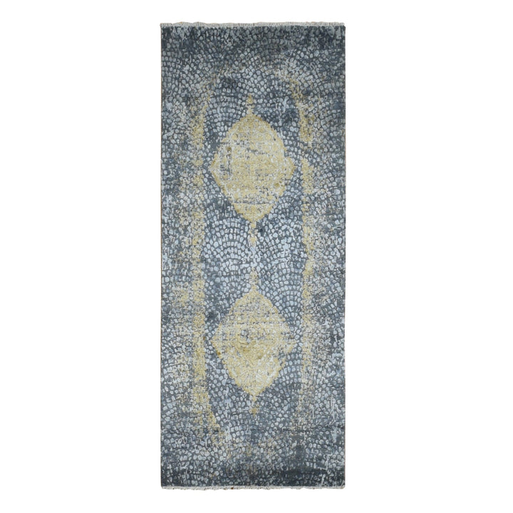 3'0" x 8'0" New Hand Knotted Grey Wool & Silk Runner Oriental Rug - MOA10287688