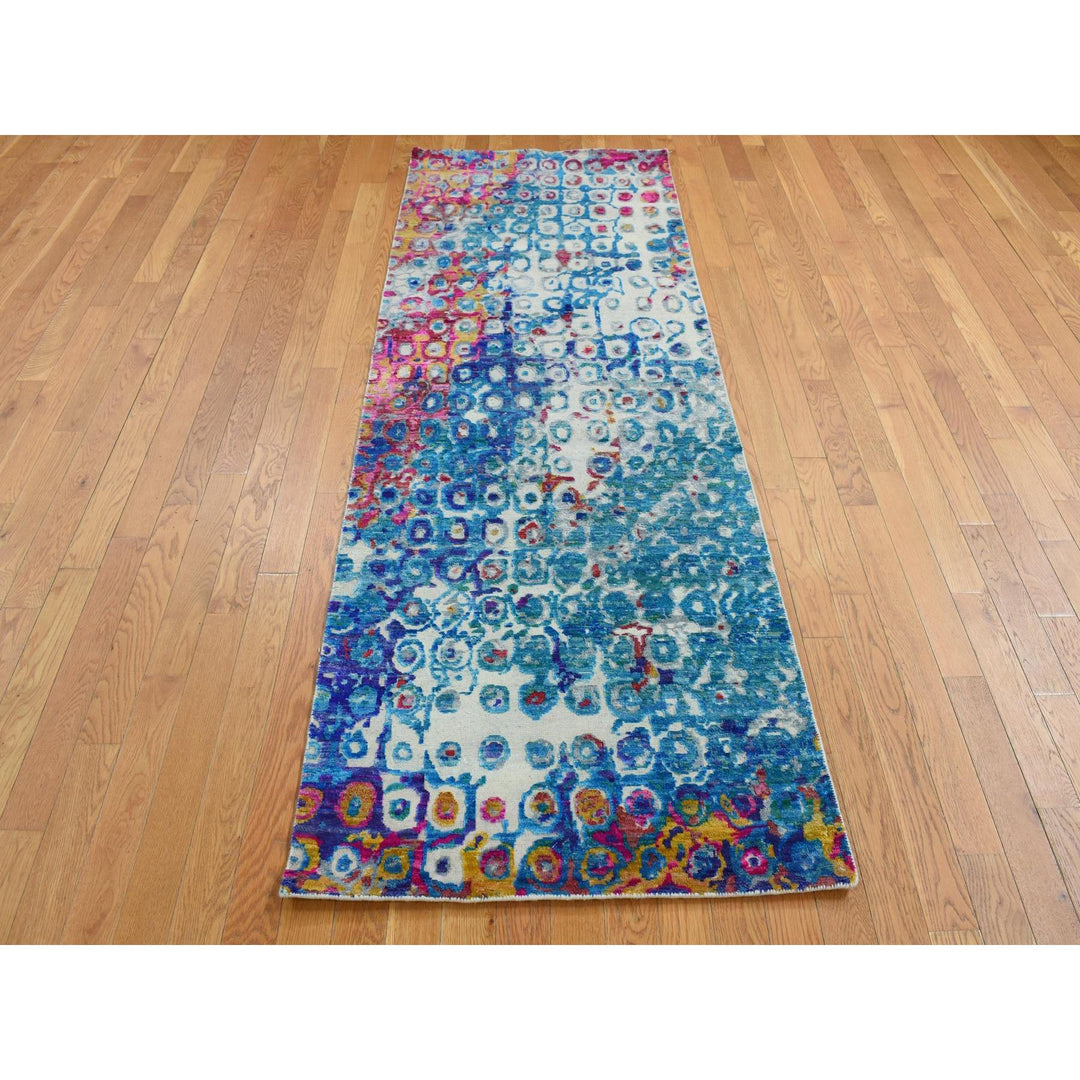 3'0" x 8'2" New Hand Knotted Blue Sari Silk Runner Oriental Rug - MOA10287689