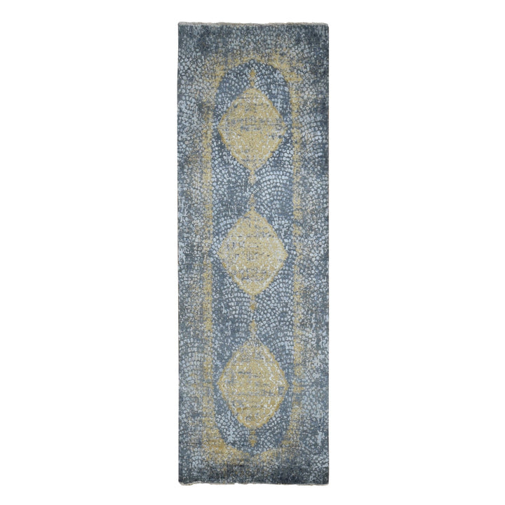 3'2" x 9'10" New Hand Knotted Grey Wool & Silk Runner Oriental Rug - MOA10287690