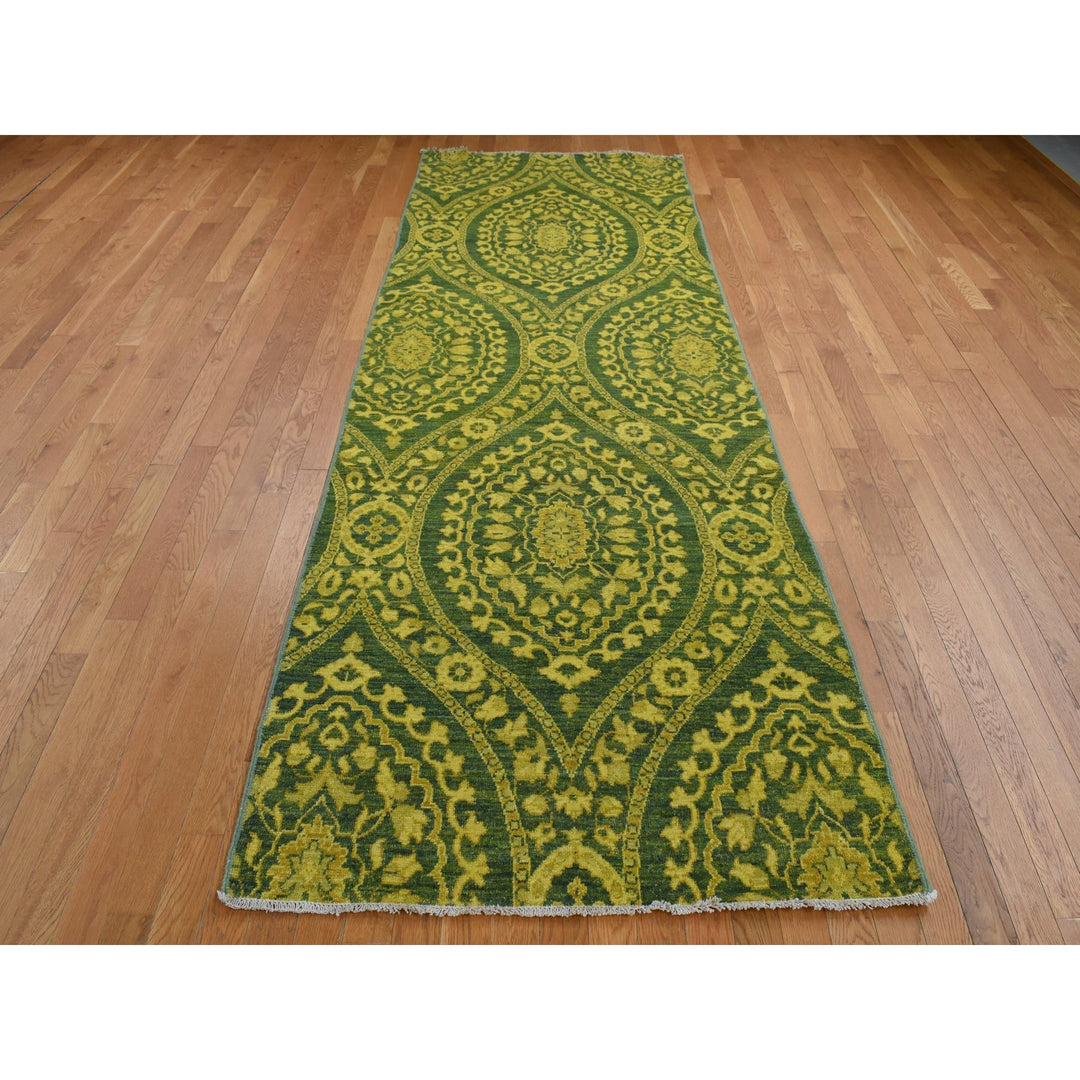 4'1" x 11'8" New Hand Knotted Green Wool Runner Oriental Rug - MOA10287693