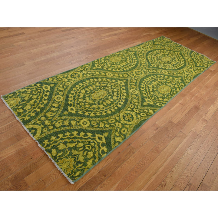 4'1" x 11'8" New Hand Knotted Green Wool Runner Oriental Rug - MOA10287693