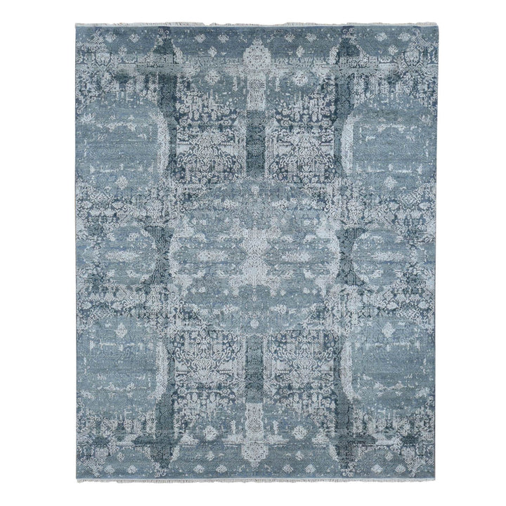 7'10" x 10'0" New Hand Knotted Grey Wool & Pure Silk Rectangle Oriental Rug - MOA10287698