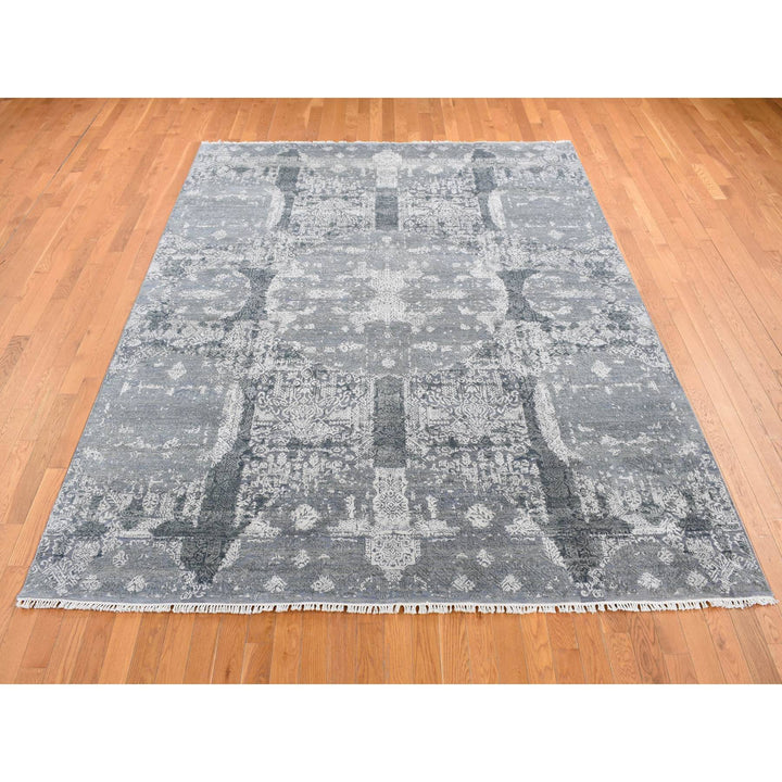 7'10" x 10'0" New Hand Knotted Grey Wool & Pure Silk Rectangle Oriental Rug - MOA10287698