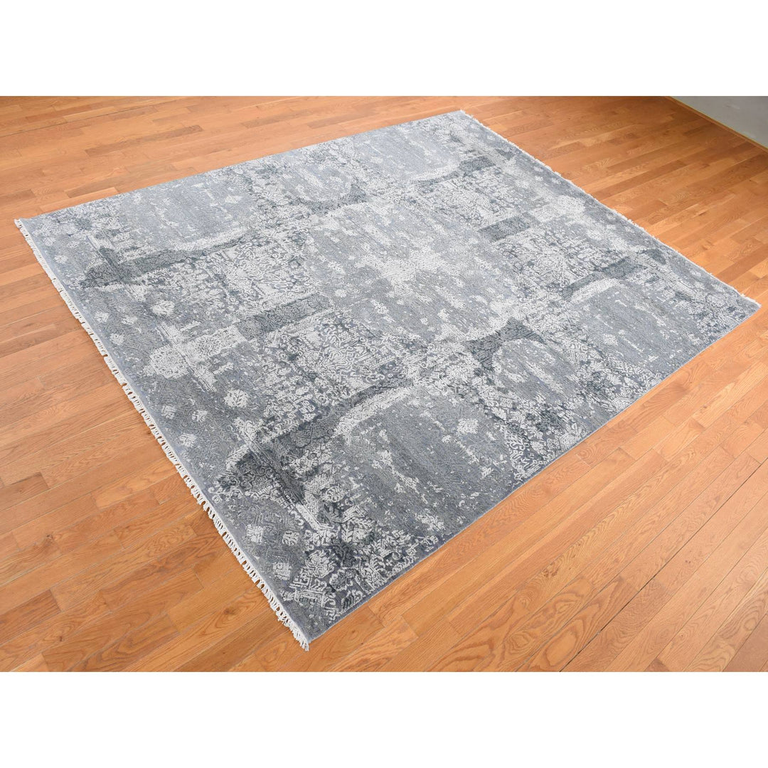 7'10" x 10'0" New Hand Knotted Grey Wool & Pure Silk Rectangle Oriental Rug - MOA10287698