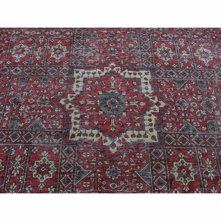 9'0" x 12'0" New Hand Knotted Red Worn Wool Rectangle Oriental Rug - MOA10287700