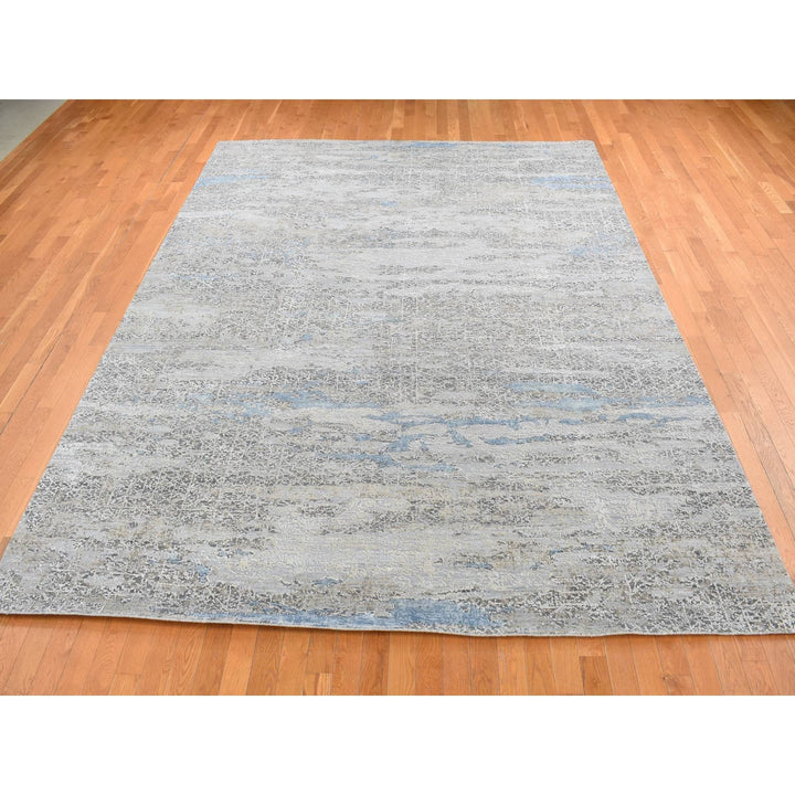 9'0" x 12'3" New Hand Knotted Grey Wool & Silk Rectangle Oriental Rug - MOA10287703