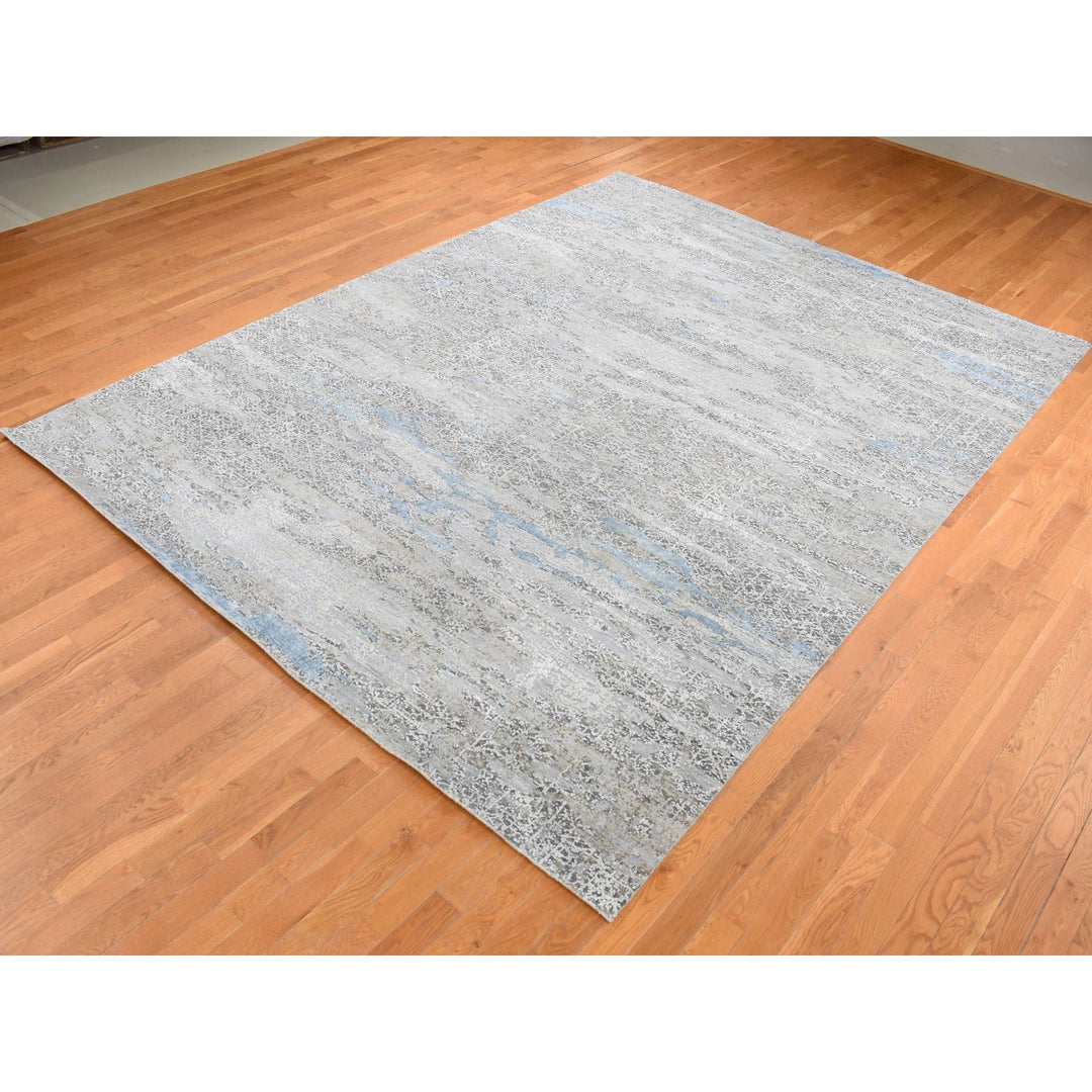 9'0" x 12'3" New Hand Knotted Grey Wool & Silk Rectangle Oriental Rug - MOA10287703