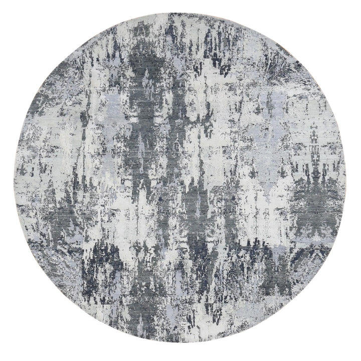 8'1" x 8'1" New Hand Knotted Grey Wool & Silk Round Oriental Rug - MOA10287743