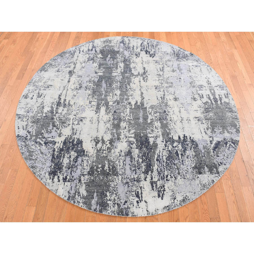 8'1" x 8'1" New Hand Knotted Grey Wool & Silk Round Oriental Rug - MOA10287743