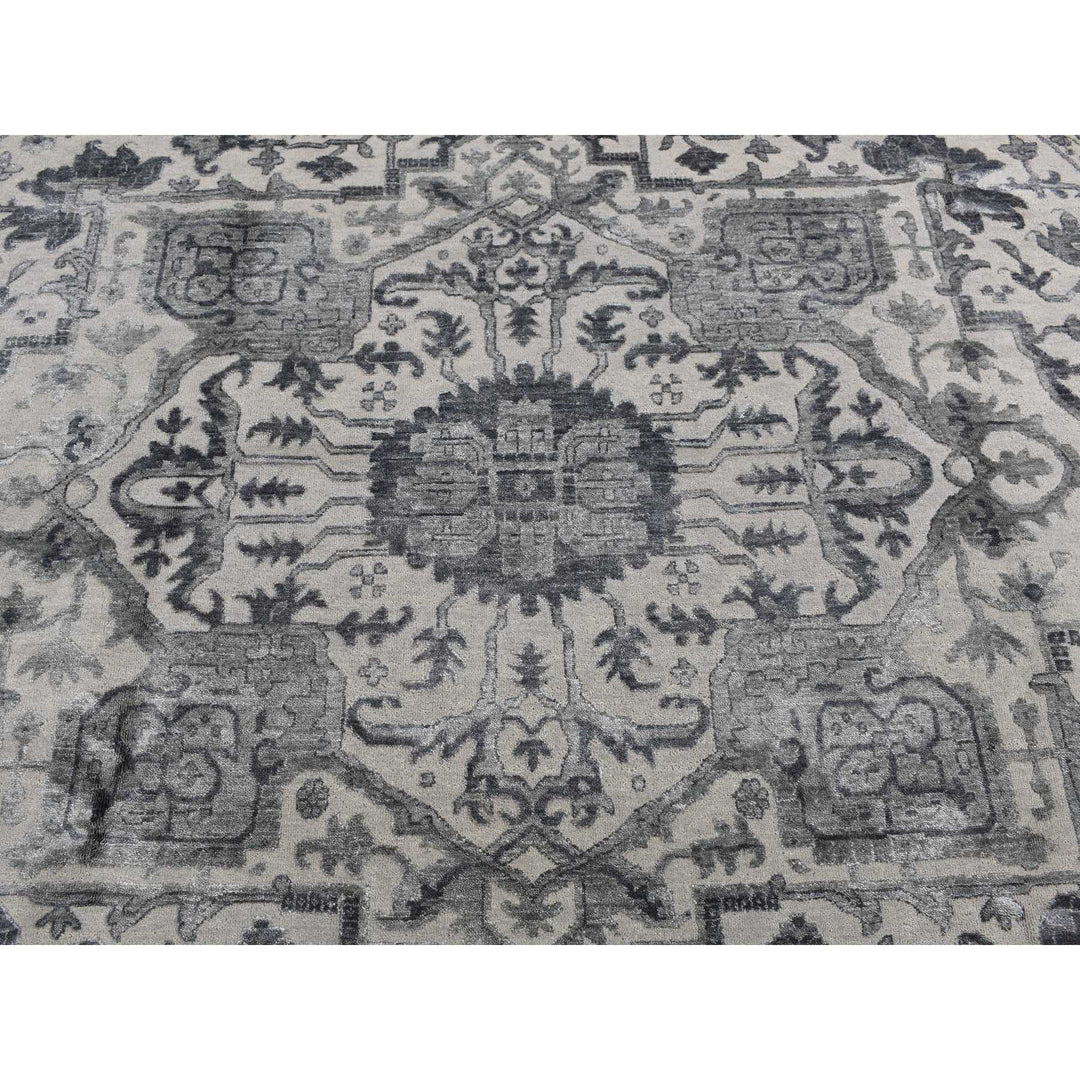 10'0" x 10'0" New Hand Knotted Grey Wool & Silk Round Oriental Rug - MOA10287747