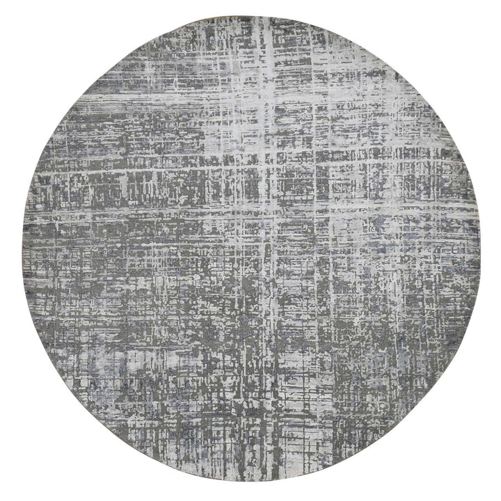 10'3" x 10'3" New Hand Knotted Grey Wool & Silk Round Oriental Rug - MOA10287749