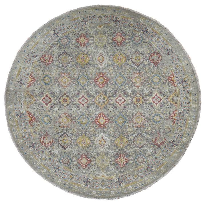 10'0" x 10'0" New Hand Knotted Grey Wool & Silk Round Oriental Rug - MOA10287750