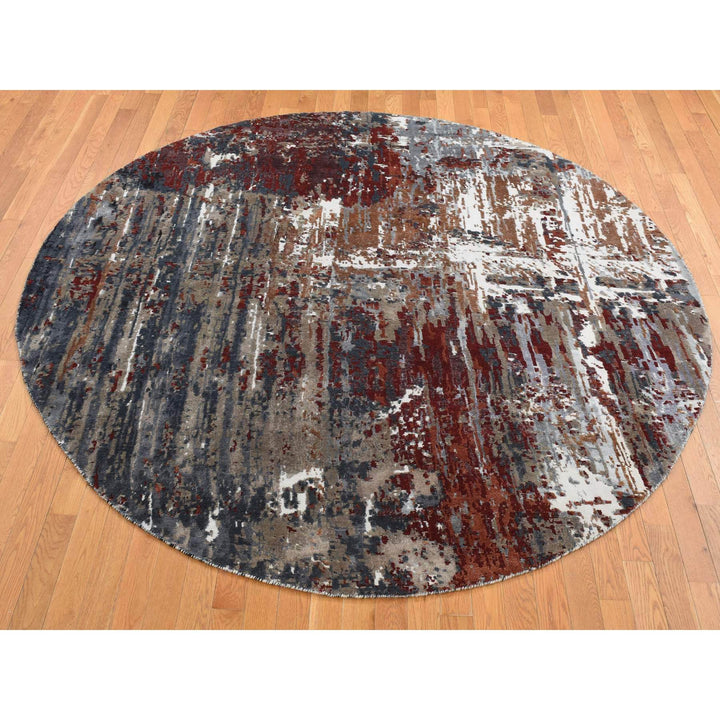 8'0" x 8'0" New Hand Knotted Grey Wool & Silk Round Oriental Rug - MOA10287751