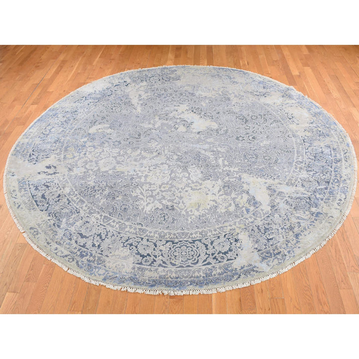 10'0" x 10'0" New Hand Knotted Grey Wool & Pure Silk Round Oriental Rug - MOA10287752