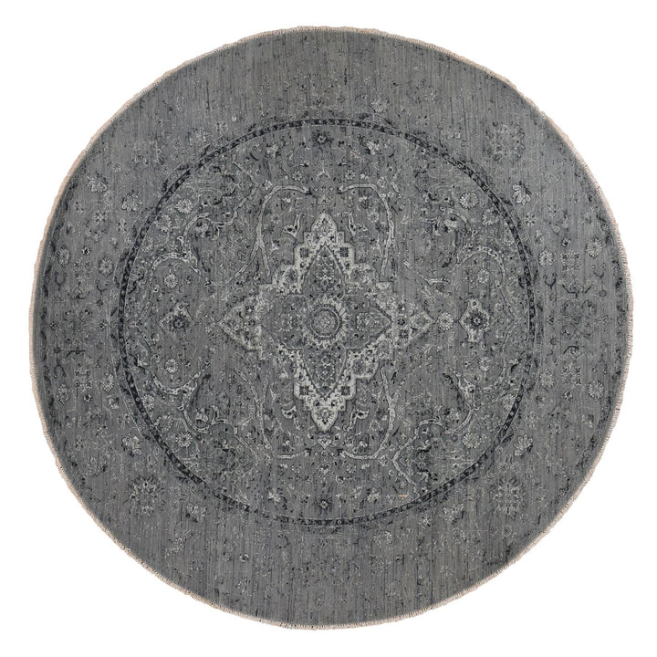 9'10" x 9'10" New Hand Knotted Grey Wool & Silk Round Oriental Rug - MOA10287753