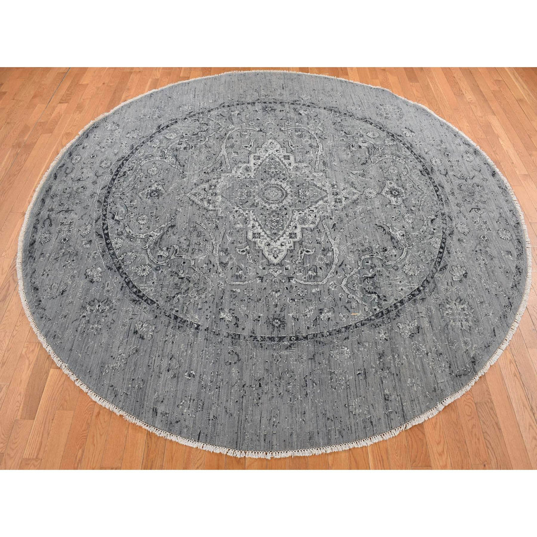 9'10" x 9'10" New Hand Knotted Grey Wool & Silk Round Oriental Rug - MOA10287753