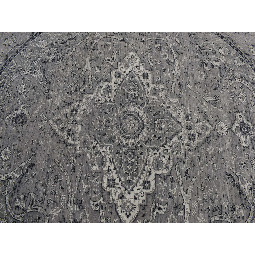 9'10" x 9'10" New Hand Knotted Grey Wool & Silk Round Oriental Rug - MOA10287753