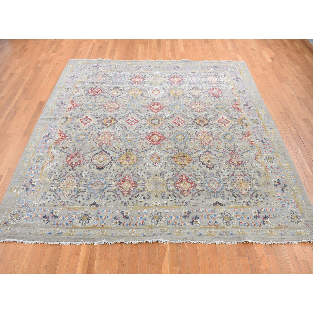 10'0" x 10'6" New Hand Knotted Grey Wool & Silk Square Oriental Rug - MOA10287946