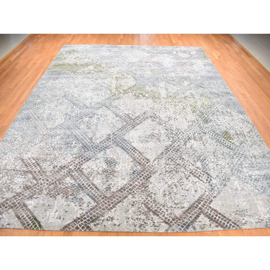 12'3" x 15'3" New Hand Knotted Grey Wool & Silk Rectangle Oriental Rug - MOA10287998