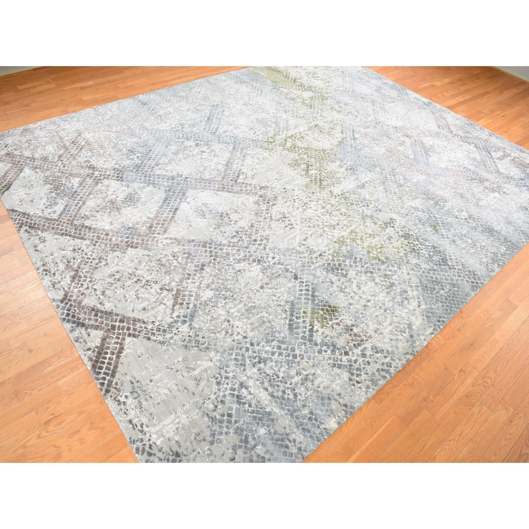 12'3" x 15'3" New Hand Knotted Grey Wool & Silk Rectangle Oriental Rug - MOA10287998