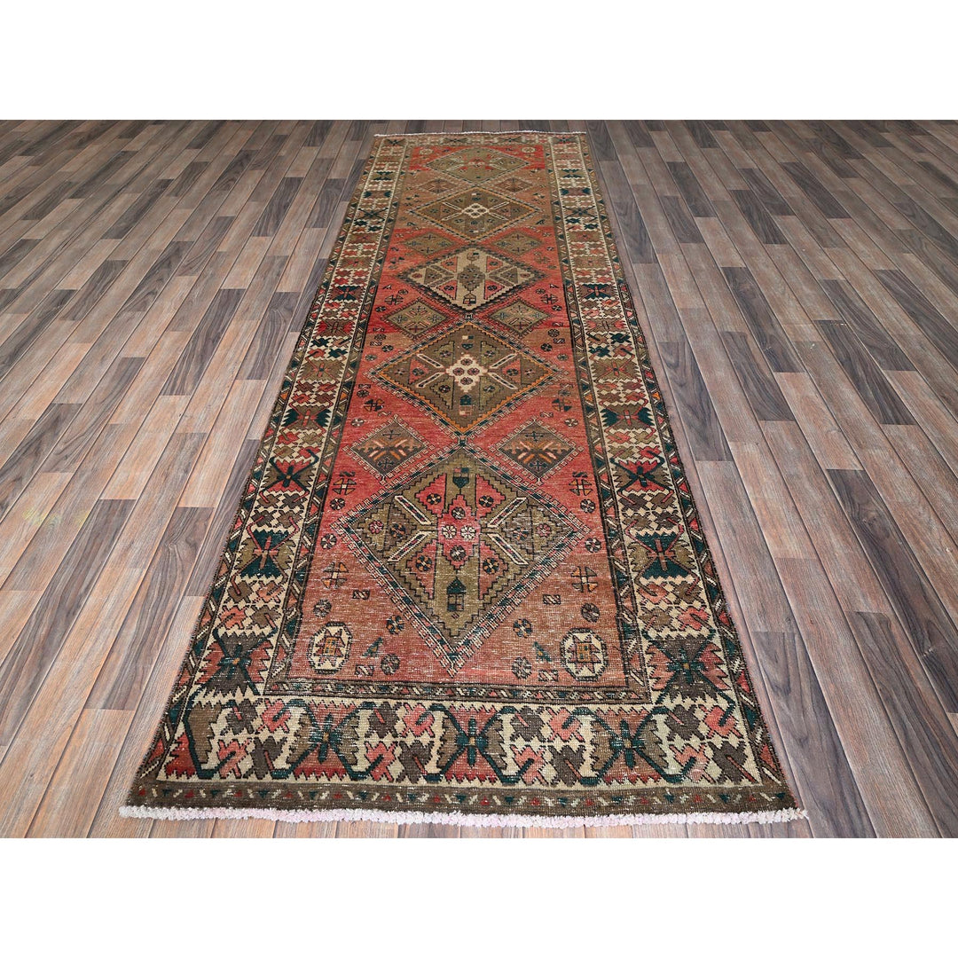3'5" x 10'3" Vintage Hand Knotted Red Wool Runner Oriental Rug - MOA102882