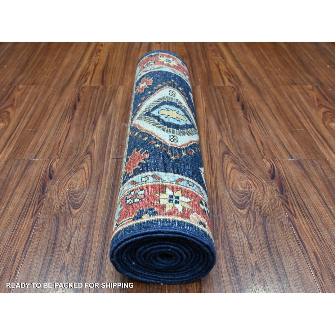 2'6" x 11'8" New Hand Knotted Blue Wool Runner Oriental Rug - MOA10288407