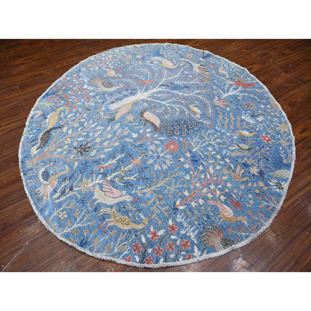 8'0" x 8'1" New Hand Knotted Blue Wool Round Oriental Rug - MOA10288714