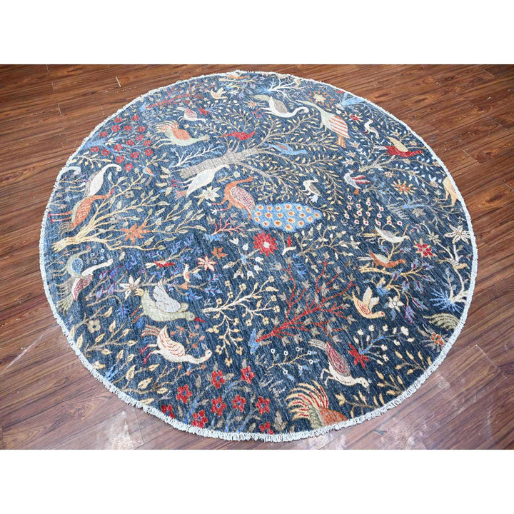 7'7" x 7'11" New Hand Knotted Blue Cotton Round Oriental Rug - MOA10288752