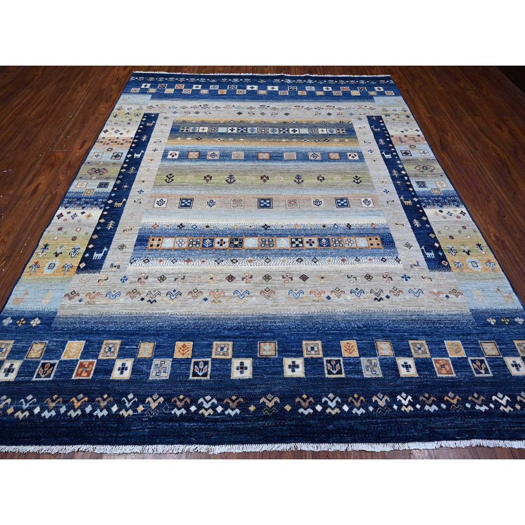 8'1" x 9'9" New Hand Knotted Blue Wool Rectangle Oriental Rug - MOA10288869