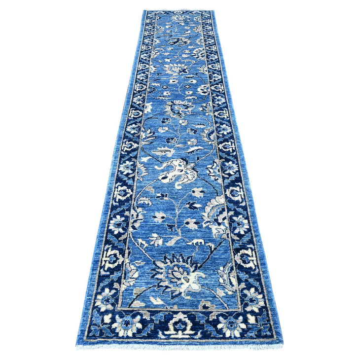 2'7" x 12'1" New Hand Knotted Blue Wool Runner Oriental Rug - MOA10288891