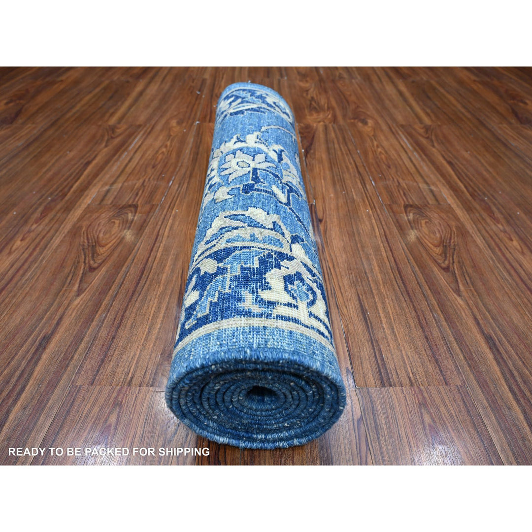 2'7" x 12'1" New Hand Knotted Blue Wool Runner Oriental Rug - MOA10288891