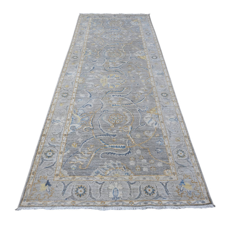 4'1" x 10'10" New Hand Knotted Grey Wool Runner Oriental Rug - MOA10288908