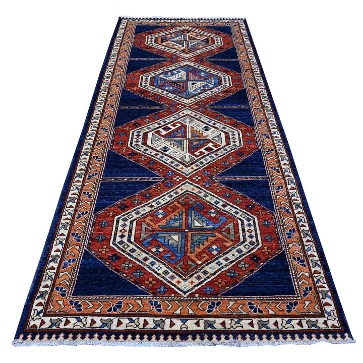 4'3" x 10'5" New Hand Knotted Blue Cotton Runner Oriental Rug - MOA10288928