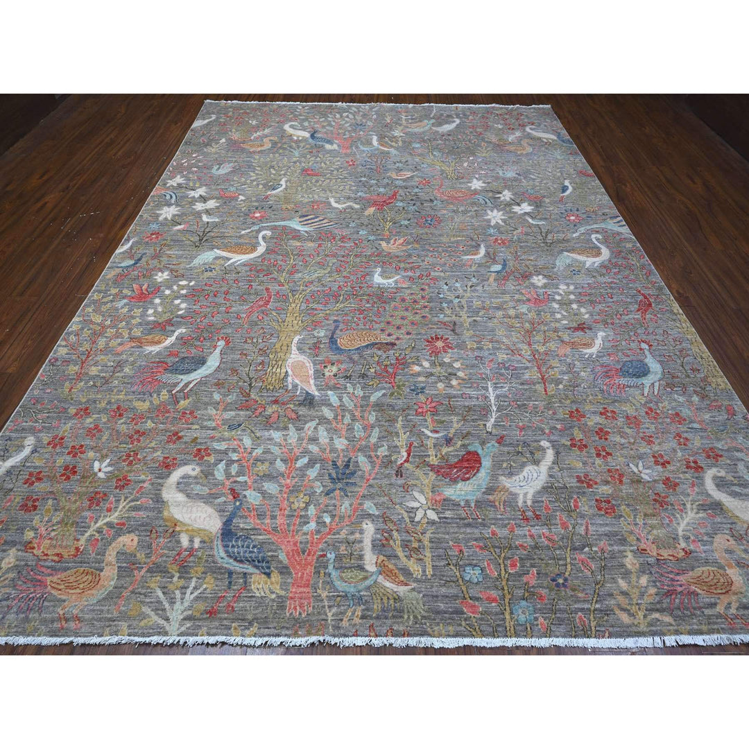 9'0" x 11'11" New Hand Knotted Grey Wool Rectangle Oriental Rug - MOA10288993