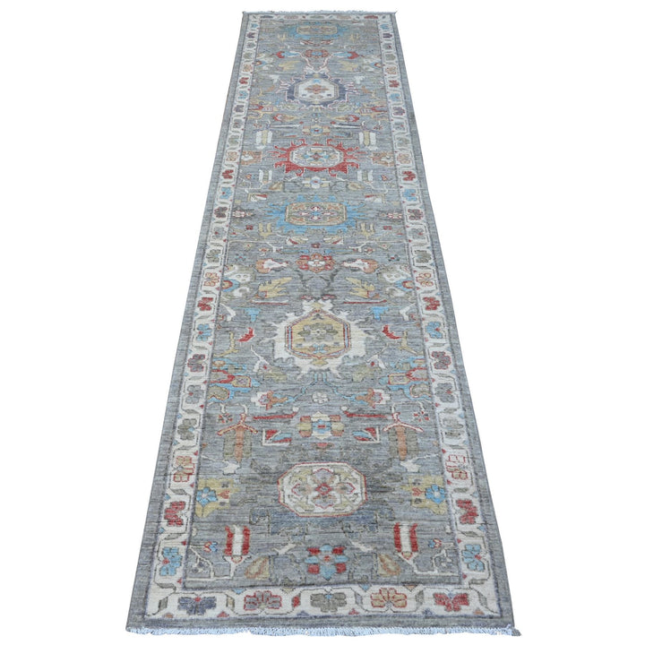 2'6" x 9'9" New Hand Knotted Grey Wool Runner Oriental Rug - MOA10289041