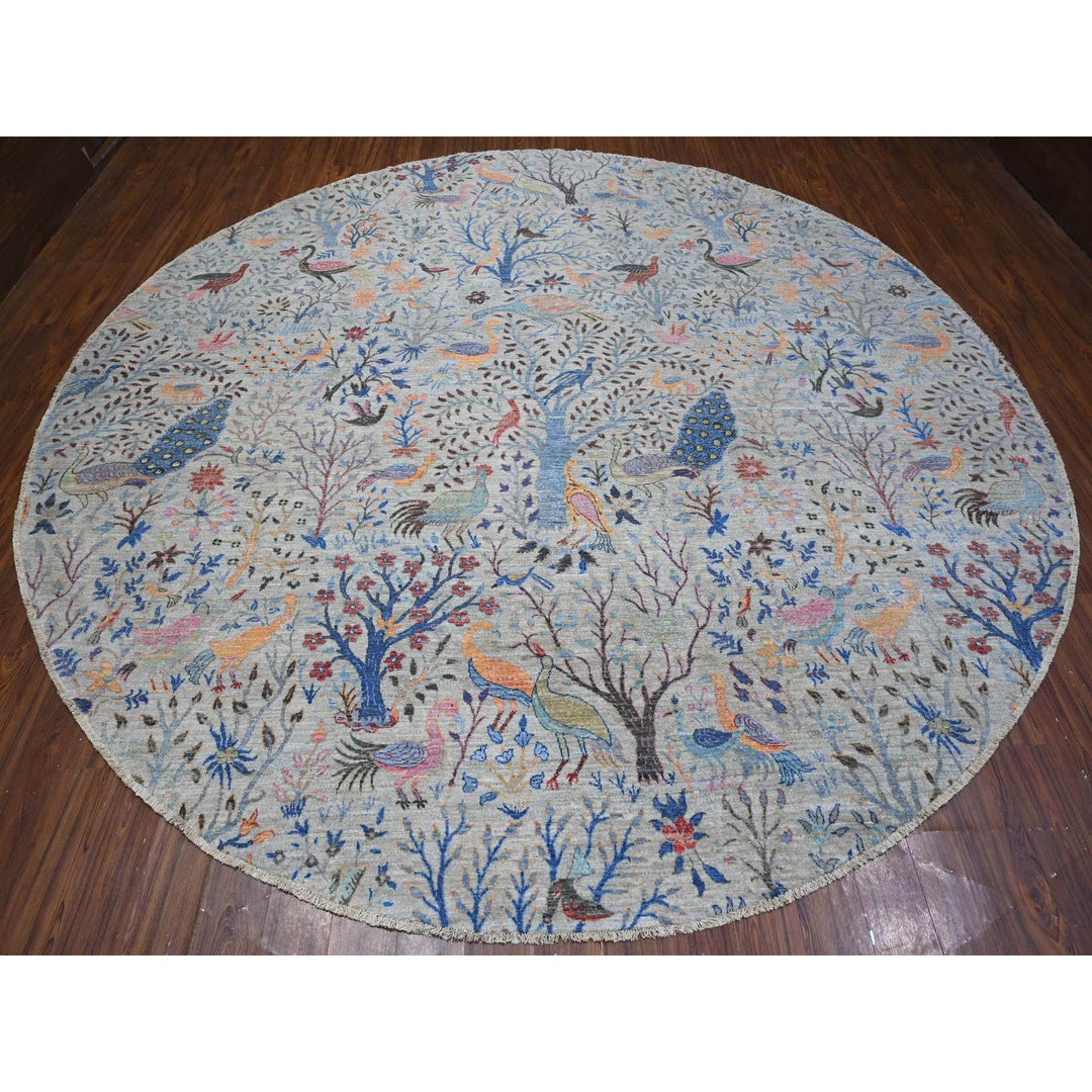 12'2" x 12'2" New Hand Knotted Grey Cotton Round Oriental Rug - MOA10289076