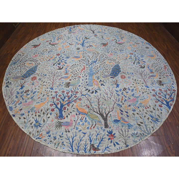 12'2" x 12'2" New Hand Knotted Grey Cotton Round Oriental Rug - MOA10289076