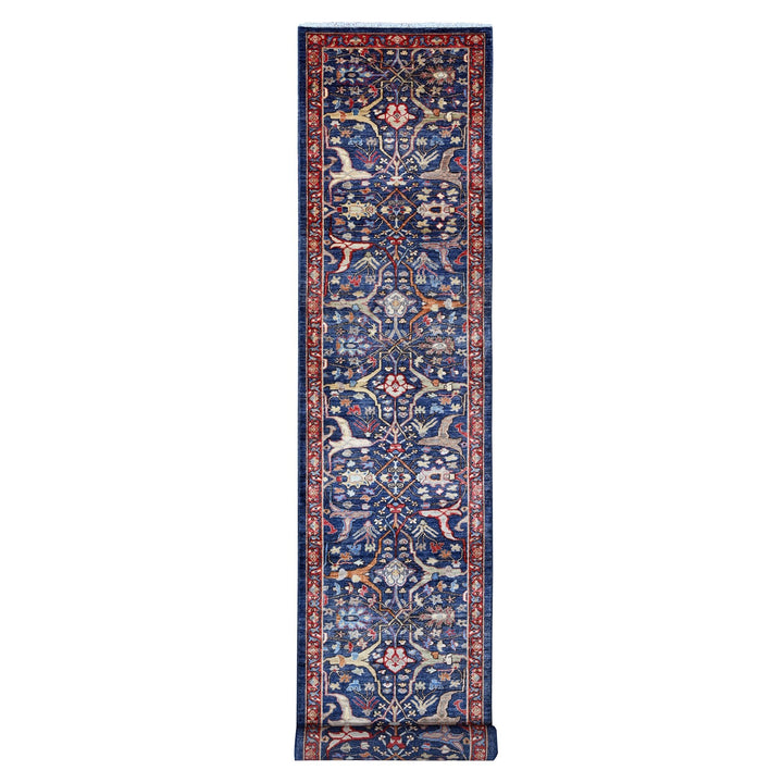 3'2" x 19'5" New Hand Knotted Blue Wool Runner Oriental Rug - MOA10289077