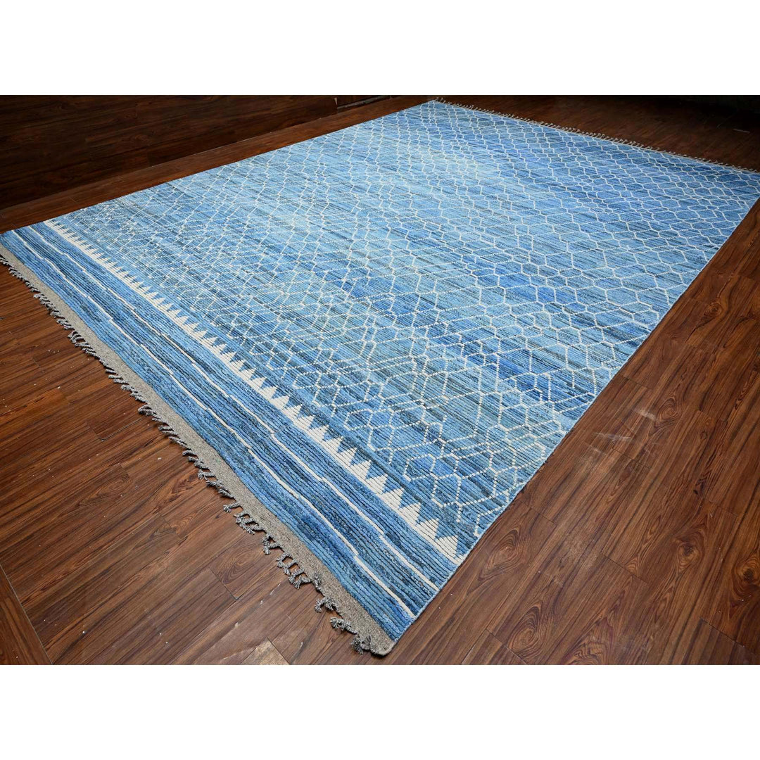 12'0" x 16'1" New Hand Knotted Blue Wool Rectangle Oriental Rug - MOA10289135