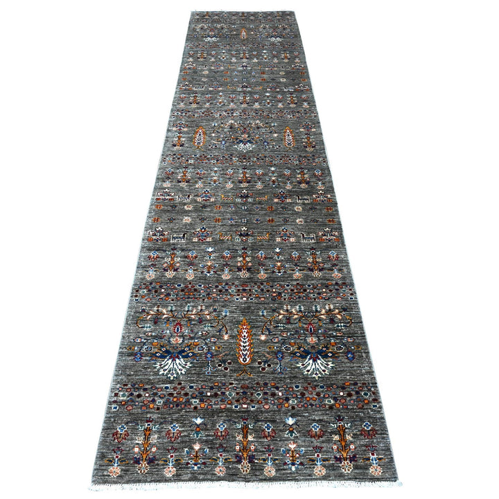 2'9" x 12'0" New Hand Knotted Grey Wool Runner Oriental Rug - MOA10289302