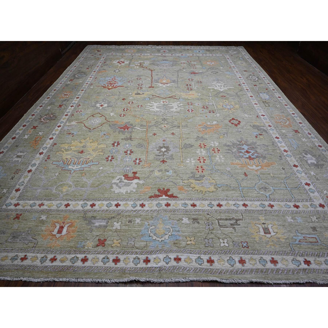 11'10" x 15'9" New Hand Knotted Green Wool Rectangle Oriental Rug - MOA10289642