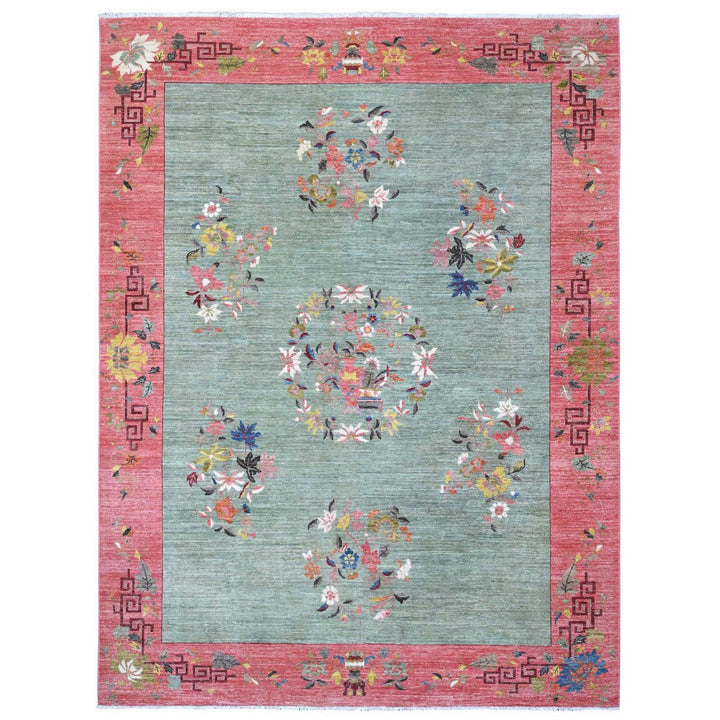 9'0" x 11'9" New Hand Knotted Green Wool Rectangle Oriental Rug - MOA10289735