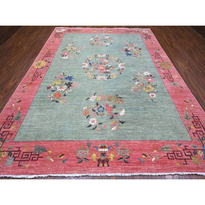 9'0" x 11'9" New Hand Knotted Green Wool Rectangle Oriental Rug - MOA10289735