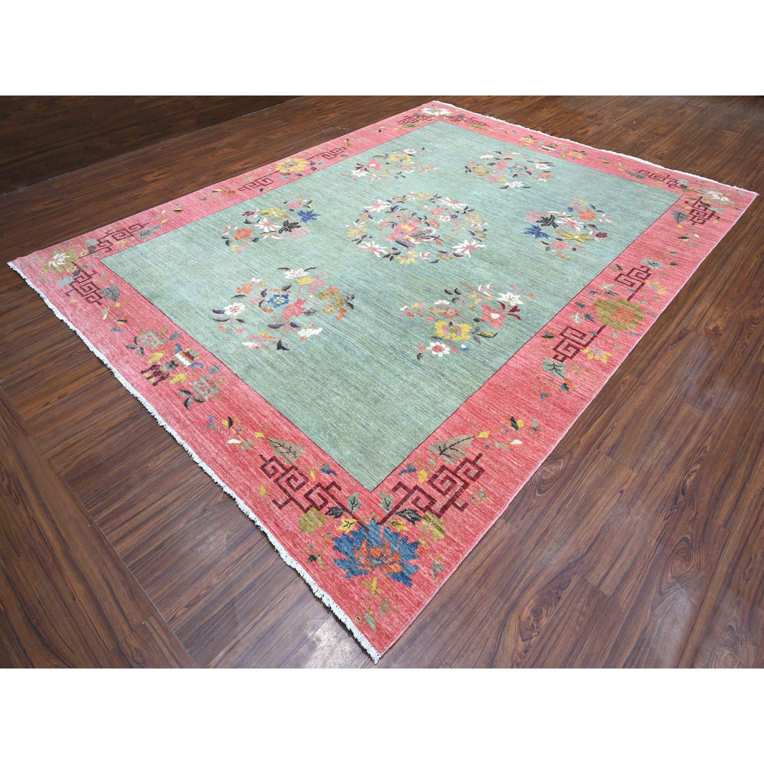 9'0" x 11'9" New Hand Knotted Green Wool Rectangle Oriental Rug - MOA10289735