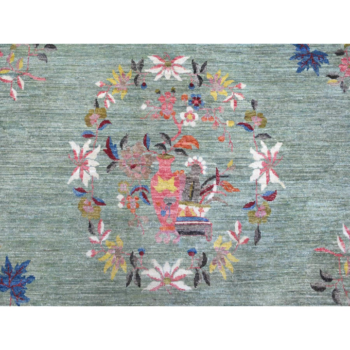 9'0" x 11'9" New Hand Knotted Green Wool Rectangle Oriental Rug - MOA10289735